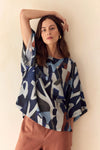 Tirelli '25A3751 Wide Sleeve Top' - Blue Abstract Print