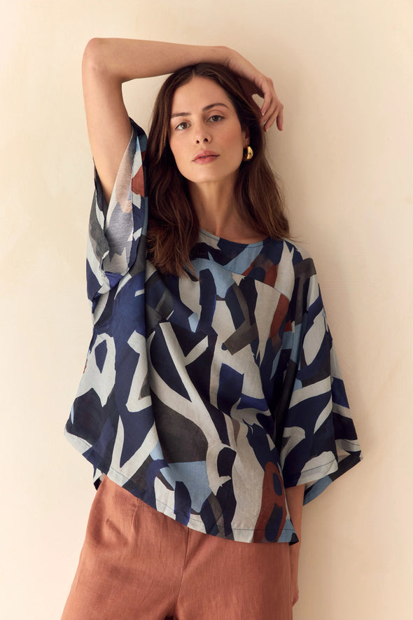 Tirelli '25A3751 Wide Sleeve Top' - Blue Abstract Print