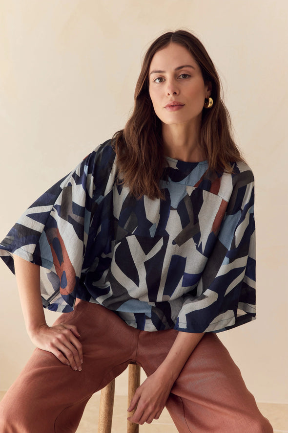 Tirelli '25A3751 Wide Sleeve Top' - Blue Abstract Print