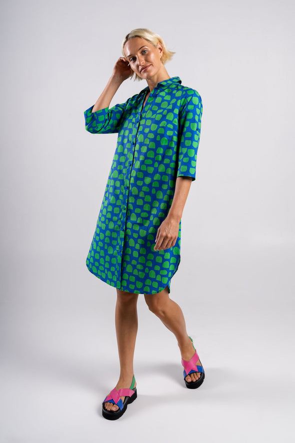 Wear Colour '132 Shirt Dress' - Blue Green Mono Spot