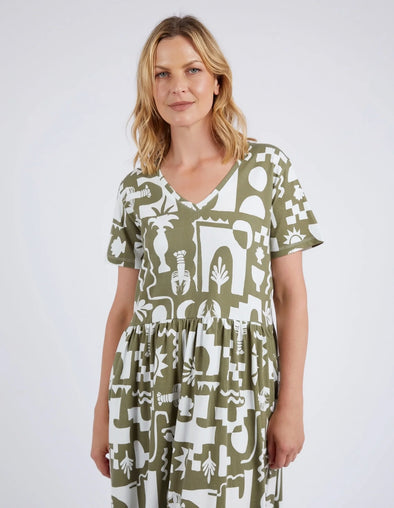 ELM 'Postcard Tee Dress' - Khaki cream Print