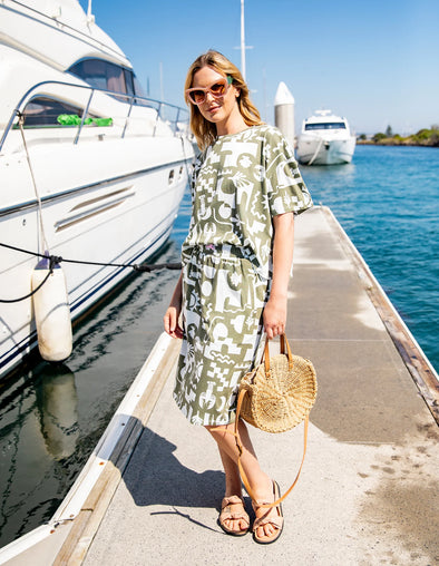 ELM 'Postcard Skirt' - Khaki Cream Print