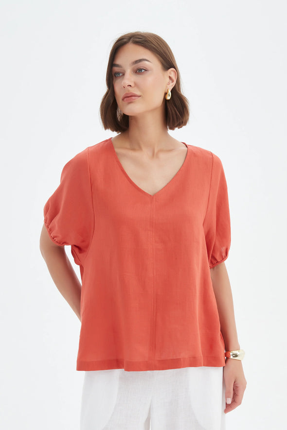 Tirelli '24A3525 Bishop Sleeve Top' - Rust