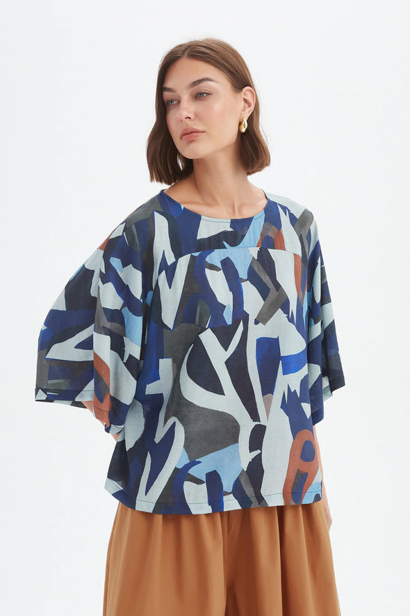 Tirelli '25A3751 Wide Sleeve Top' - Blue Abstract Print