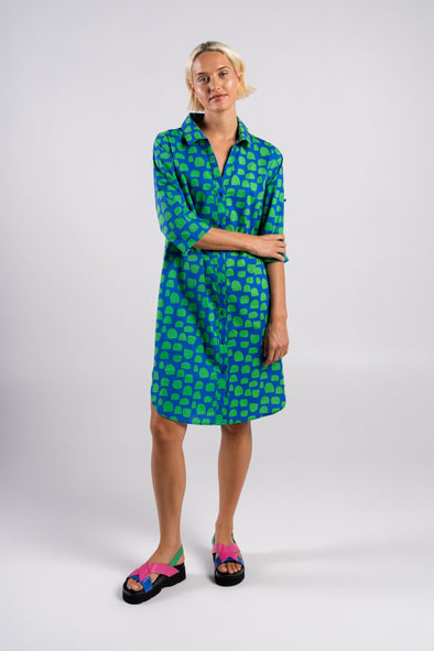 Wear Colour '132 Shirt Dress' - Blue Green Mono Spot