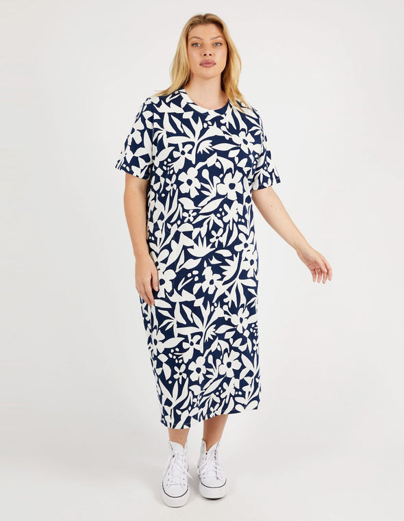 ELM 'Stencil Floral Tee Dress' - Navy