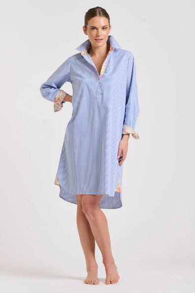 Shirty 'Popover Shirtdress' - Mid Blue Stripe/Floral Trim