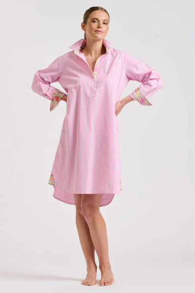 Shirty 'The Popover Shirtdress' - Pink Stripe/Floral Trim