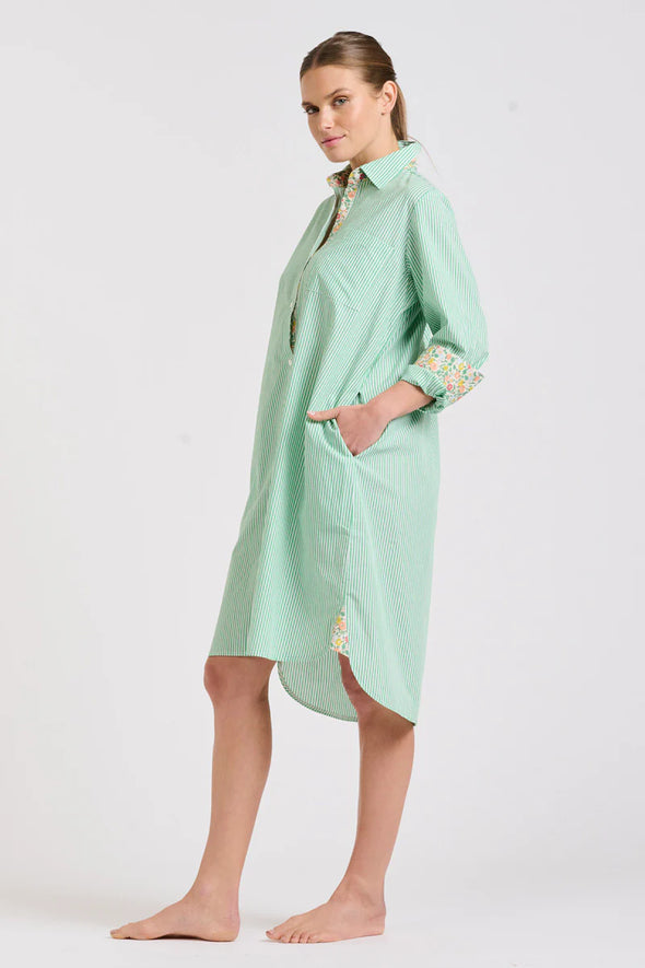 Shirty 'The Classic Shirtdress' - Green Stripe/Floral Trim